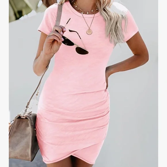 Blush Pink Ruched Bodycon Mini Dress Tulip Hem Short Sleeve Stretch - Picture 4 of 4